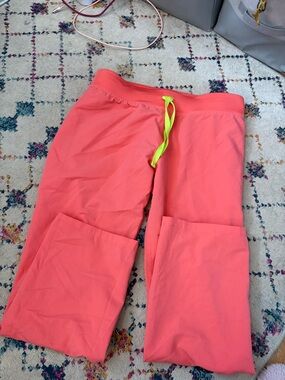 Figs Coral Sweatpants with Neon Yellow Drawstring